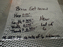 Load image into Gallery viewer, (6) Brass Set Screw/Plugs Hex 0.194" Length 0.305" Width 0.395" Thread 0.380"
