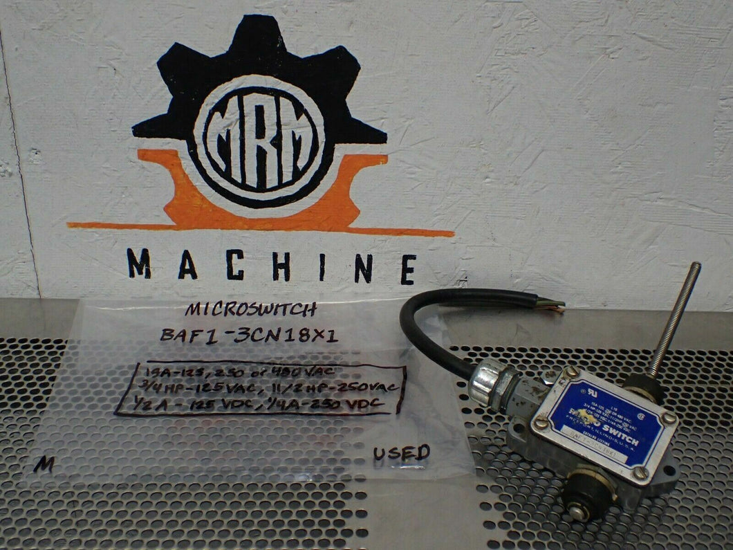 Micro Switch BAF1-3CN18X1 Limit Switch 15A 125, 250 Or 480VAC Used With Warranty