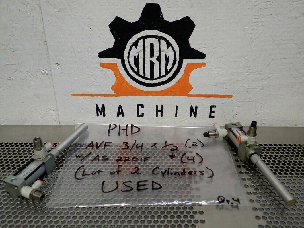 PHD AVF 3/4 X 1/2 Cylinders (Lot of 2) W/ (4) AS2201F Flow Control Valves Used