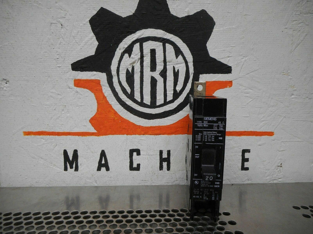 Siemens Type BQD 20A Circuit Breaker 277VAC 125VDC SWD HACR Used With Warranty