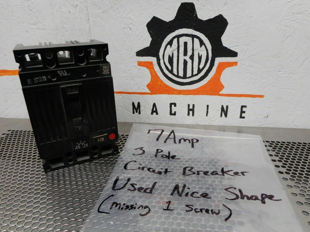 7Amp 3 Pole Circuit Breaker Missing One Terminal Screw Used With Warranty