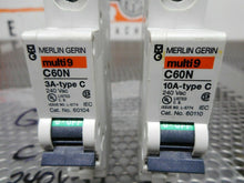 Load image into Gallery viewer, Merlin Gerin (1) 60110 C60N 10A 240VAC &amp; (1) 60104 C60N 3A 240VAC (Lot of 2)
