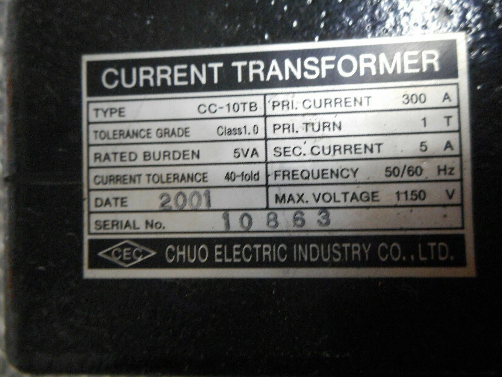 Chuo Machine CHUO ELECTRIC CC-10TB 300A 50/60Hz 1150V Current Transformer Used With ...