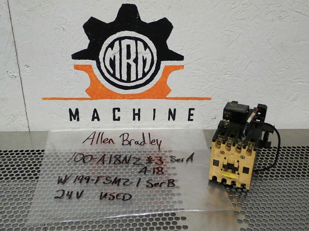 Allen Bradley 100-A18NZ*3 Ser A Contactor 18A 600VAC 24VDC Coil W/ 199-FSMZ-1