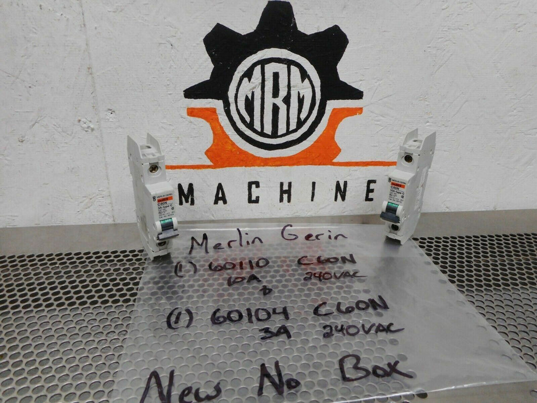 Merlin Gerin (1) 60110 C60N 10A 240VAC & (1) 60104 C60N 3A 240VAC (Lot of 2)