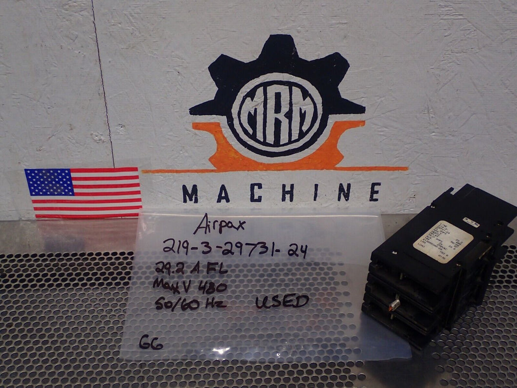 Airpax 219-3-29731-24 Circuit Breaker 29.2A FL/33.6A Trip 480V 50/60Hz Used