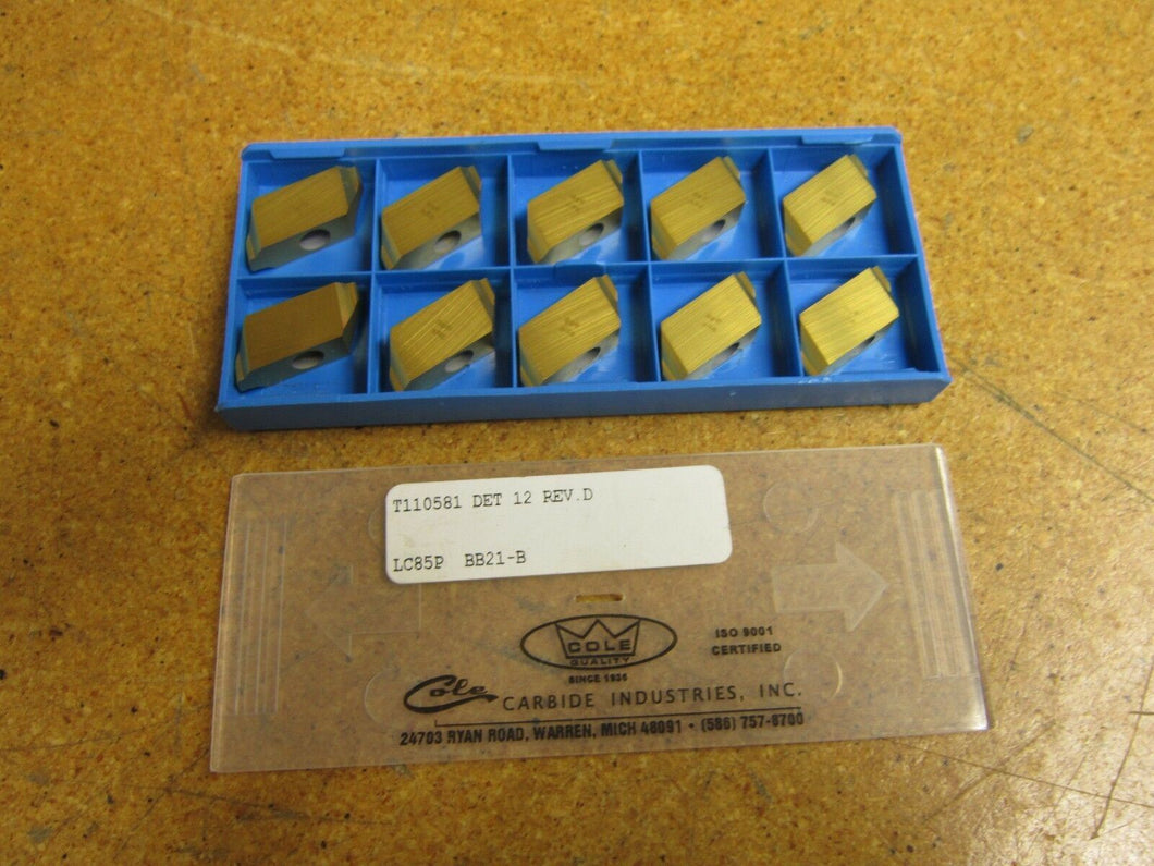 Cole Carbide Industries LC85P BB21-B T110581 Carbide Inserts New Tray Of 10