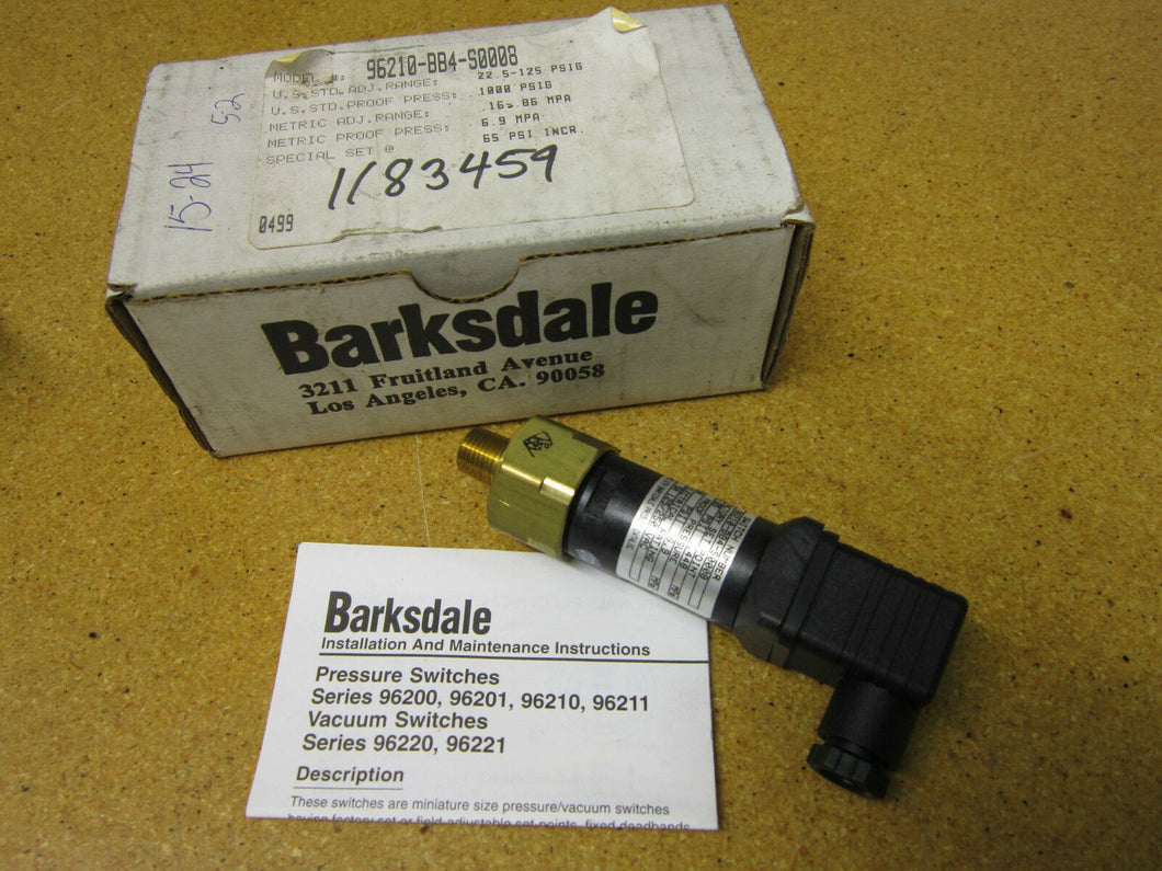 Barksdale 96210-BB4-S0008 Pressure Switch 22.5-125 PSIG New In Box