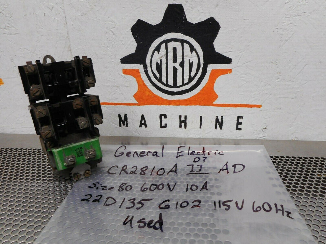 General Electric CR2810A11AD Contactor 10A 600V 22D135 G102 115V 60Hz Coil Used