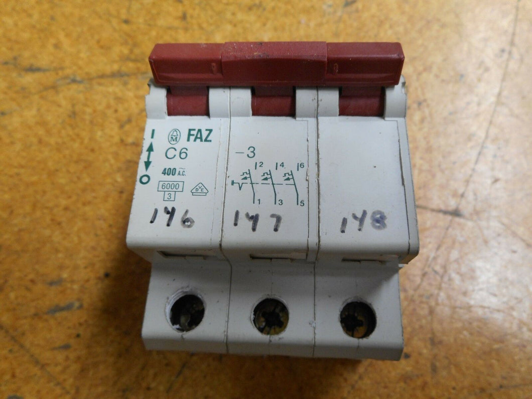 Moeller FAZ-C6-3 Circuit Breaker 6A 4000VAC 3 Pole Used
