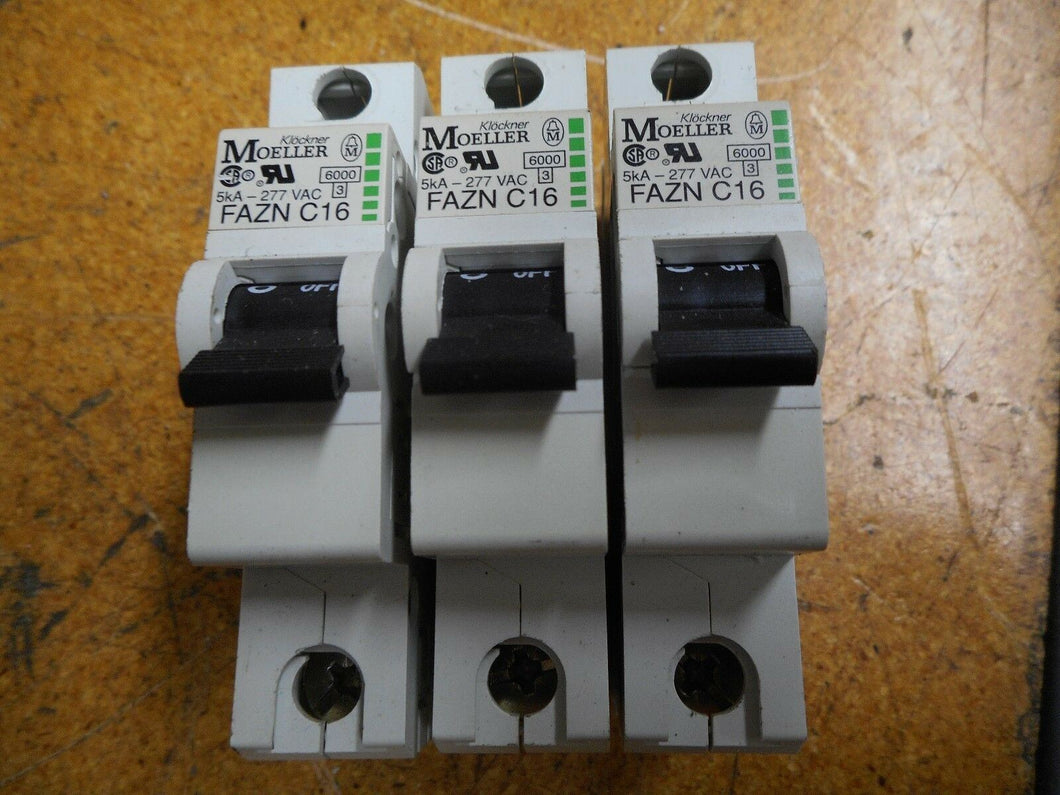 Klockner Moeller FAZN-C16 Circuit Breakers 16A 5kA 277VAC 1 Pole Used (Lot of 3)