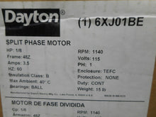 Load image into Gallery viewer, Dayton 6XJ01BE Split Phase Motor 1/8HP 1140RPM 115V 3.5A 60Hz 1PH New Old stock
