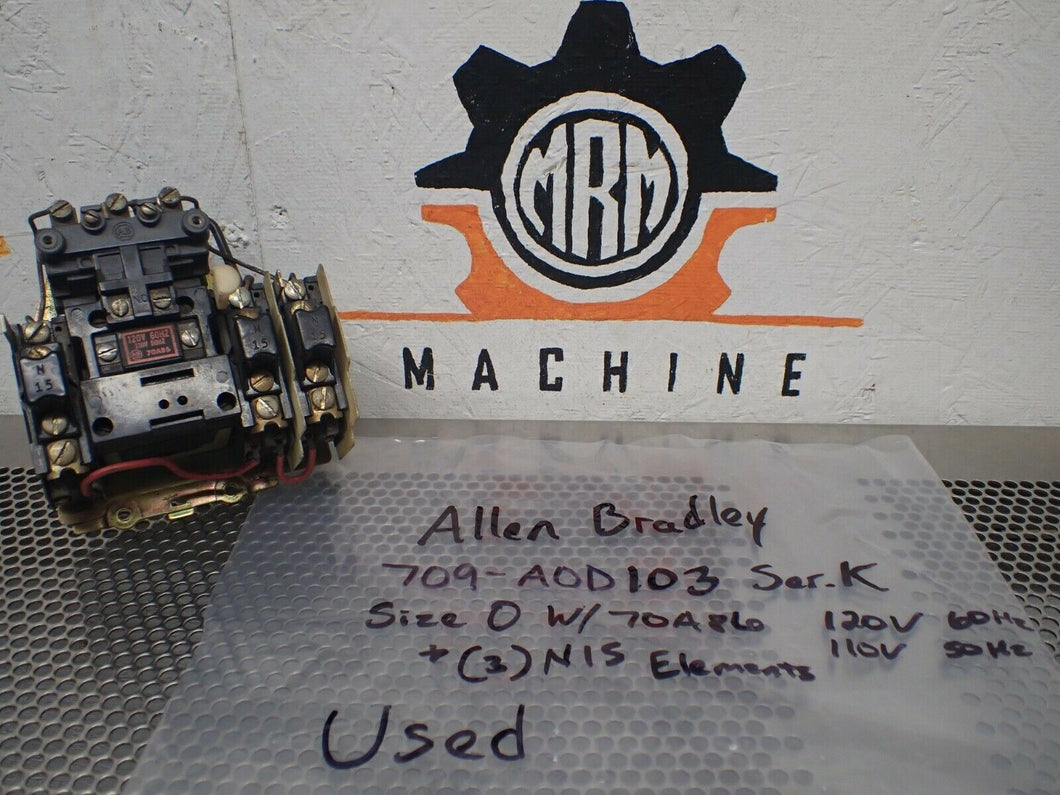 Allen Bradley 709-AOD103 Ser K Size 0 Starter 70A86 120V Coil & (3) N15 Elements